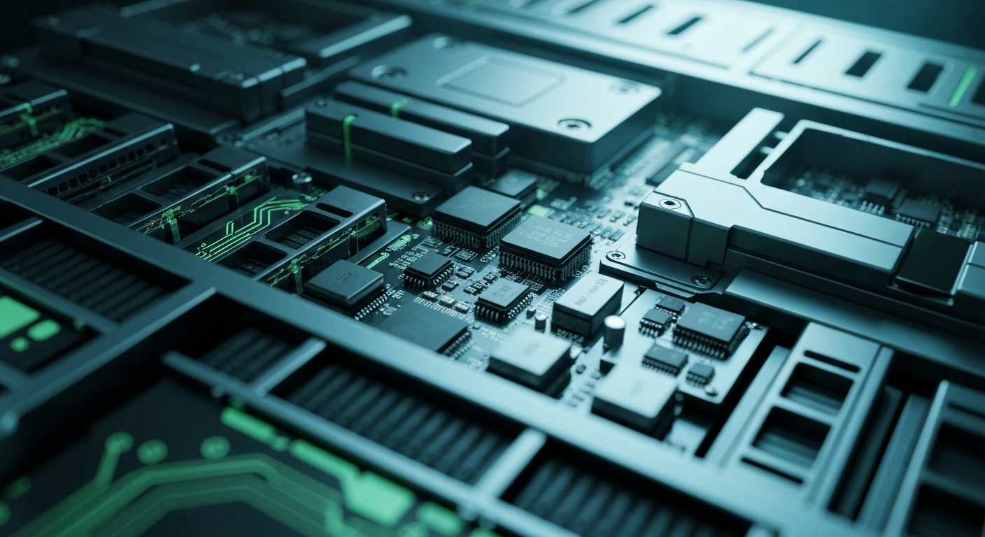 An extreme close-up of the internal components and circuitry of an enterprise software server, with a cool, industrial color palette representing the complex technology behind digital transformation initiatives.