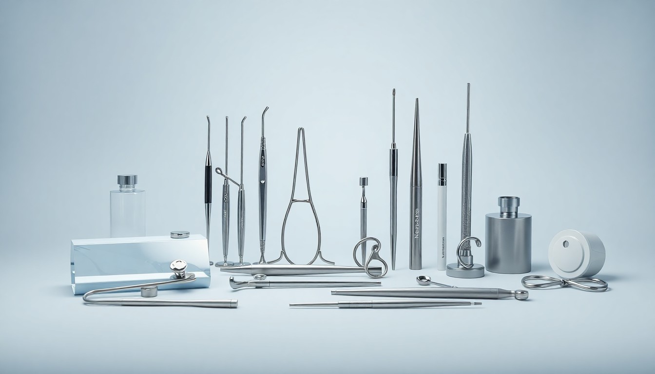 A minimalist studio still life featuring a collection of sleek, modern medical instruments and equipment arranged in a clean, elegant composition, conveying the precision and innovation of the new United Digestive ASC.
