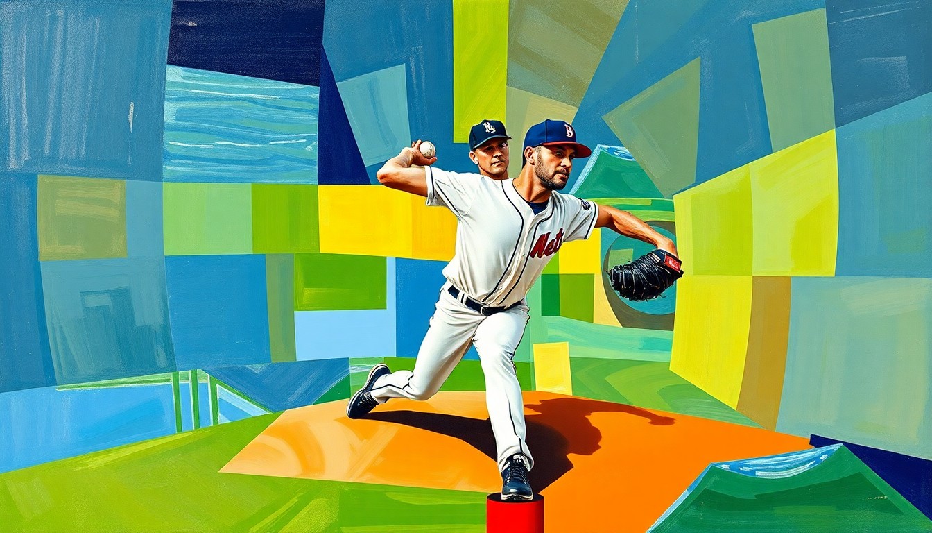 A fragmented, geometric painting depicting a baseball pitcher's motion, with sharp planes of color and form representing the Athletics' pitching troubles.