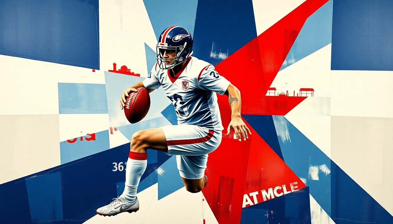 A cubist, geometric painting depicting a football player in motion, with sharp, overlapping planes of navy blue, red, and white, conveying the conceptual idea of a roster transaction.