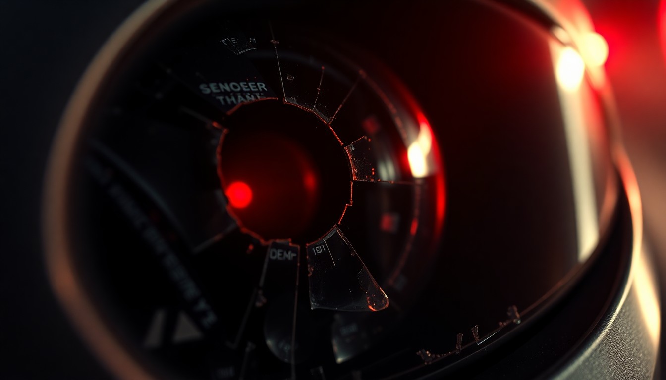 An extreme close-up photograph of a shattered glass lens reflecting a faint red light, conceptually representing the aftermath of a violent crime scene.