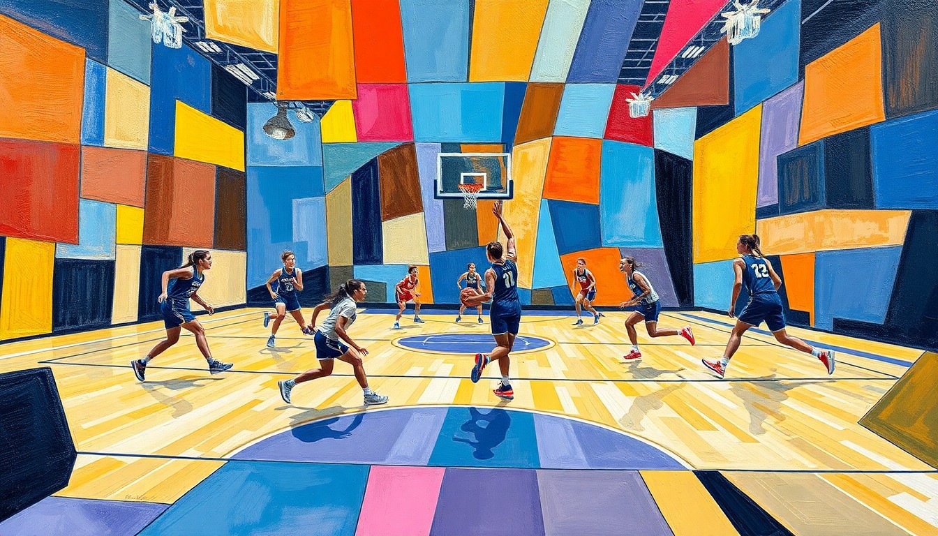 A cubist, geometric painting depicting the dynamic movements and energy of a girls basketball game, with the players and court rendered in a fractured, abstract style.