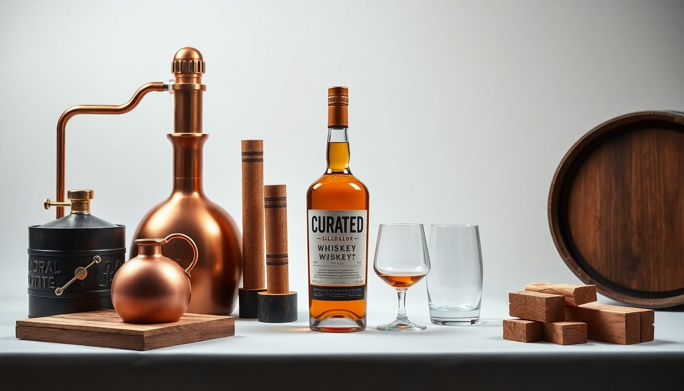 A photorealistic studio still life featuring a copper still, oak barrel staves, and a bottle of whiskey, arranged elegantly on a clean, monochromatic background to symbolize the craftsmanship and attention to detail behind the Curated Barrel Project.
