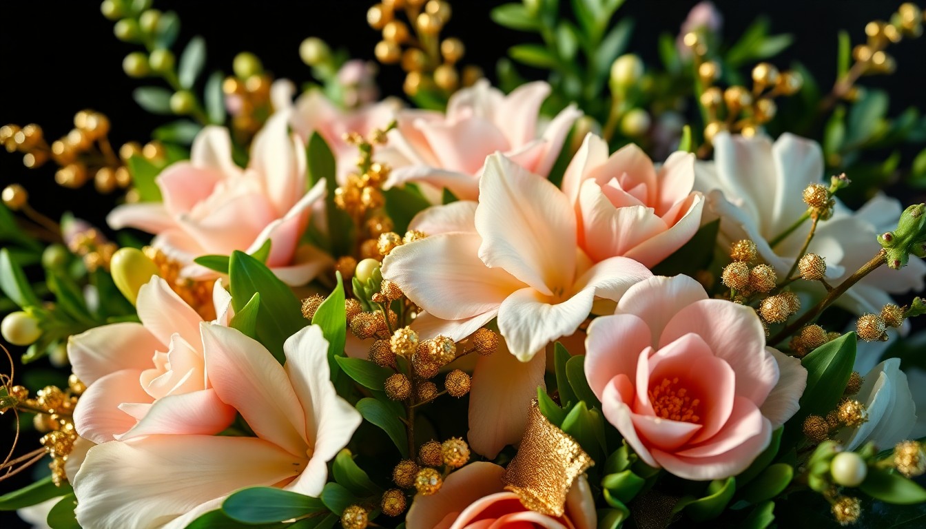 An extreme close-up photograph of an ornate Easter floral arrangement, featuring lush greenery, delicate pastel flowers, and shimmering golden accents, all captured in high-contrast, high-glamour studio lighting to create a sense of celebration and luxury.