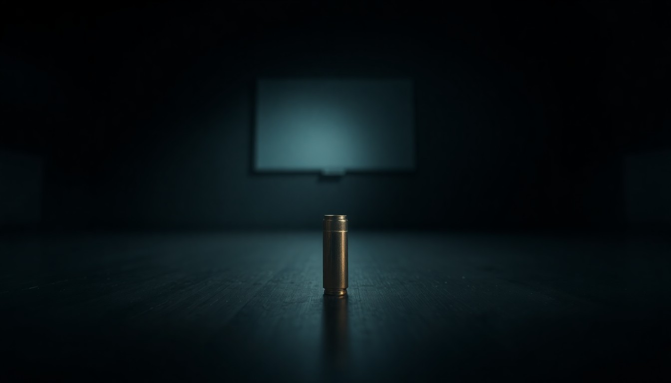 An extreme close-up photograph of a bullet casing on a dark classroom floor, capturing the gritty, investigative nature of the crime scene.