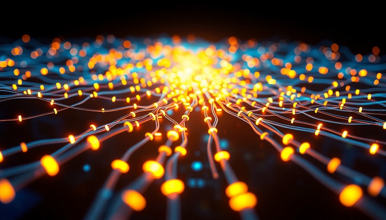 A highly detailed, glowing 3D illustration of a network of illuminated fiber-optic cables and sensors, conceptually representing the advanced digital infrastructure and technology enabling autonomous vehicles.