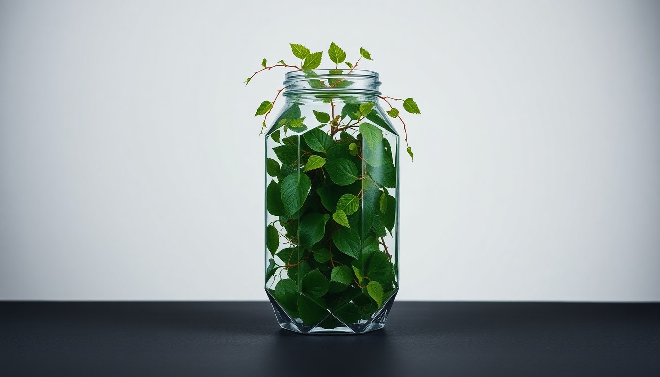 A photorealistic studio still life featuring a polished glass jar filled with lush green leaves and vines, symbolizing the natural world and environmental conservation efforts.
