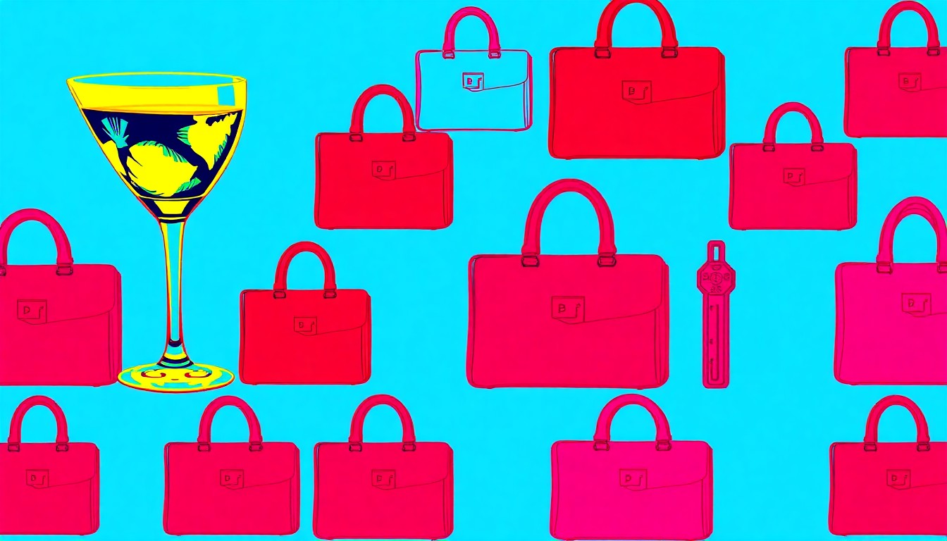 A brightly colored, high-contrast silkscreen print of a luxury cocktail glass repeated in a tight grid pattern, conceptually representing the high-end social scenes of London and New York City.