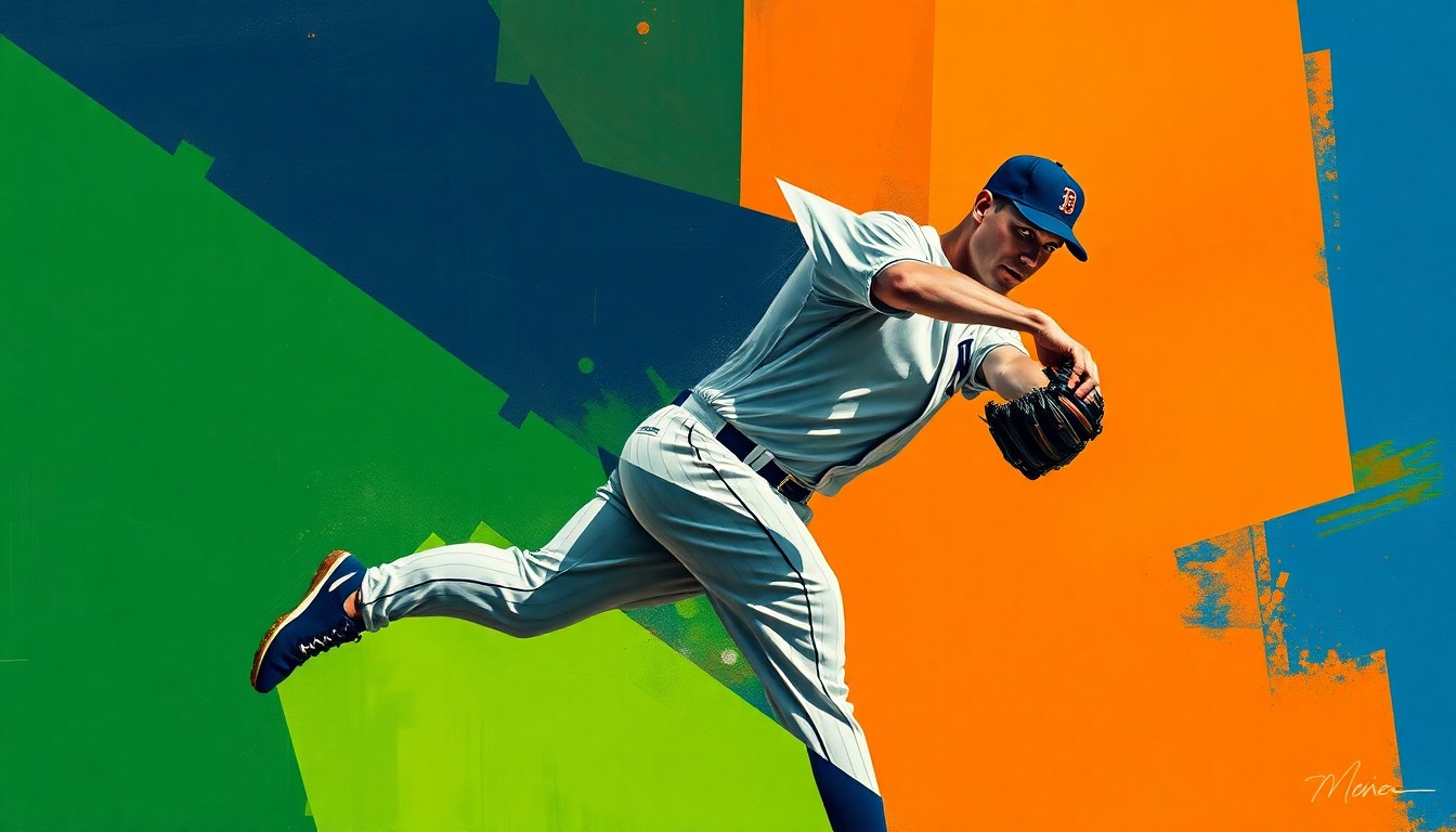 A cubist-style painting depicting a baseball pitcher's windup and delivery broken down into sharp, overlapping geometric shapes in navy, green, and orange hues, conceptually representing the Nationals' pitching woes.