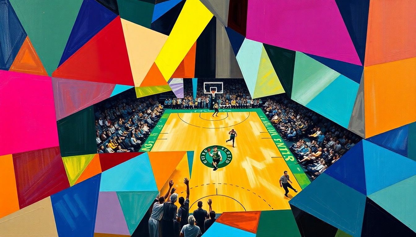 A cubist, geometric painting depicting a basketball game or match, with sharp, overlapping planes of green, purple, and white, representing the competing teams and the dynamic action on the court.