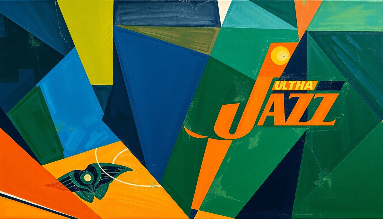 A cubist, geometric painting depicting a basketball game between two teams, with the players and court broken down into overlapping planes of deep blue, forest green, and burnt orange hues.