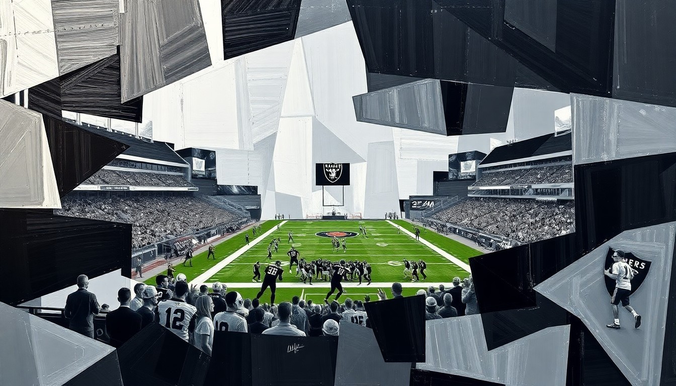 A cubist, geometric painting featuring overlapping planes of silver and black, conceptually representing the complex decision-making process around the Raiders' top draft pick.