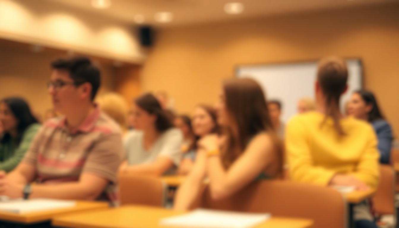 An abstract, impressionistic photograph in soft, warm tones depicting an educational setting with blurred figures, representing the inclusive community coming together at the Pickaway County Autism Summit.