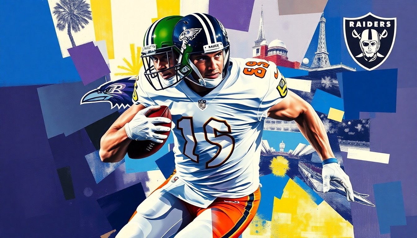 A fractured, cubist-style painting depicting a football player in mid-motion, broken down into sharp geometric shapes and planes in the official team colors of the Baltimore Ravens and Las Vegas Raiders, conceptually representing the failed trade negotiations between the two clubs.