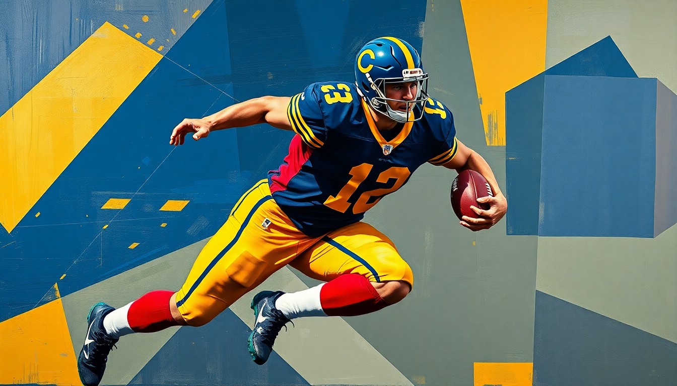 A cubist, geometric painting depicting a football player in motion, with sharp, overlapping planes of navy blue, gold, and crimson red, conveying the fractured nature of the Broncos' plans to acquire Kamara.