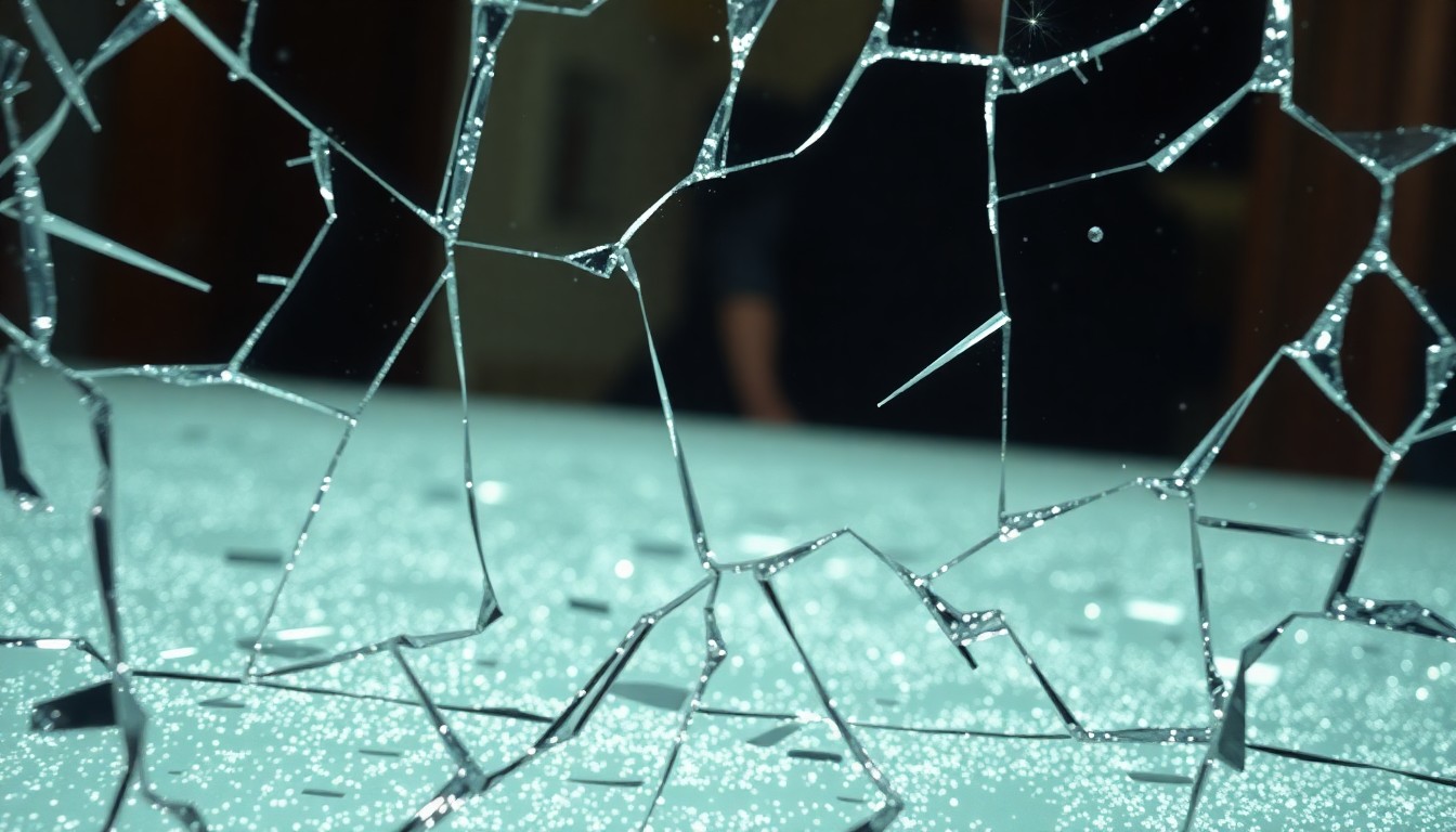 An extreme close-up photograph of a shattered, glittering mirror surface reflecting a faint, distorted image, conceptually representing the fractured relationship between a celebrity and the media.