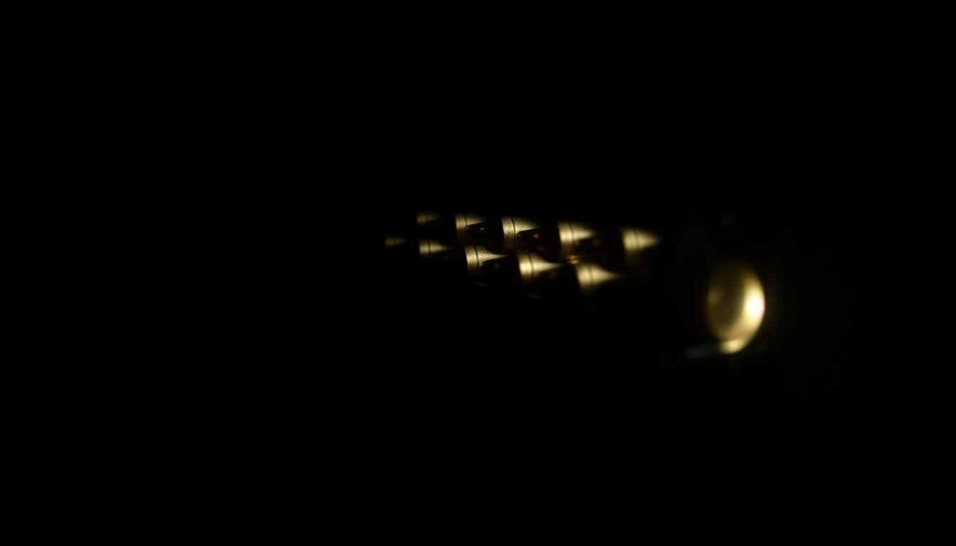 An extreme close-up photograph of a handgun magazine loaded with ammunition, lit by a harsh, direct camera flash against a pitch-black background, creating a stark, gritty, investigative aesthetic.