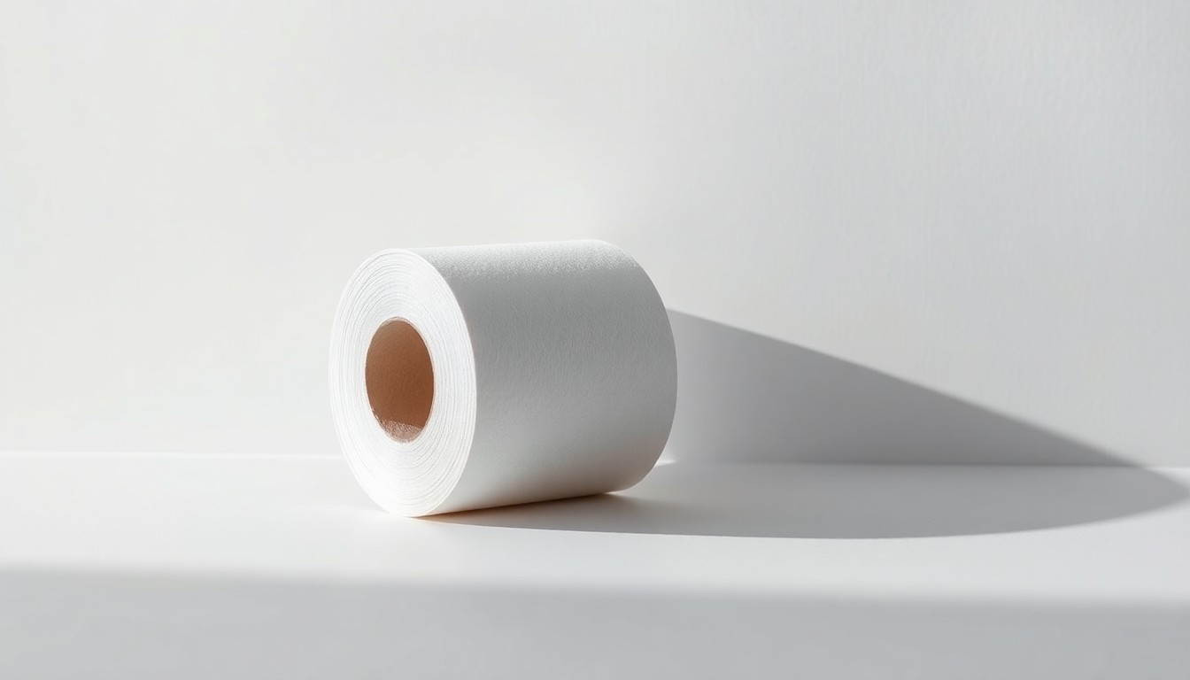 A photorealistic studio still-life image of a single roll of premium, textured toilet paper resting on a clean, monochromatic background, lit dramatically to highlight the soft, luxurious material.