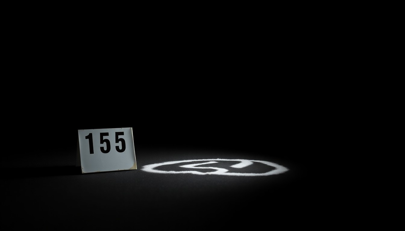 An extreme close-up photograph of a single police evidence marker, such as a numbered placard or chalk outline, lit by a harsh, direct camera flash against a pitch-black background, conceptually illustrating the investigation into a recent homicide.