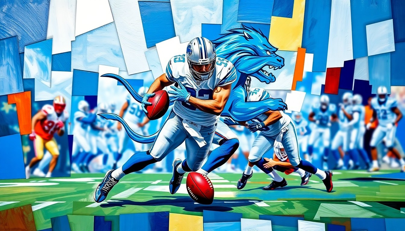 A fragmented, cubist-style painting depicting a Detroit Lions safety making a play, with sharp geometric shapes and planes in the team's colors of blue, silver, and white, conveying the uncertainty surrounding Brian Branch's future with the team.