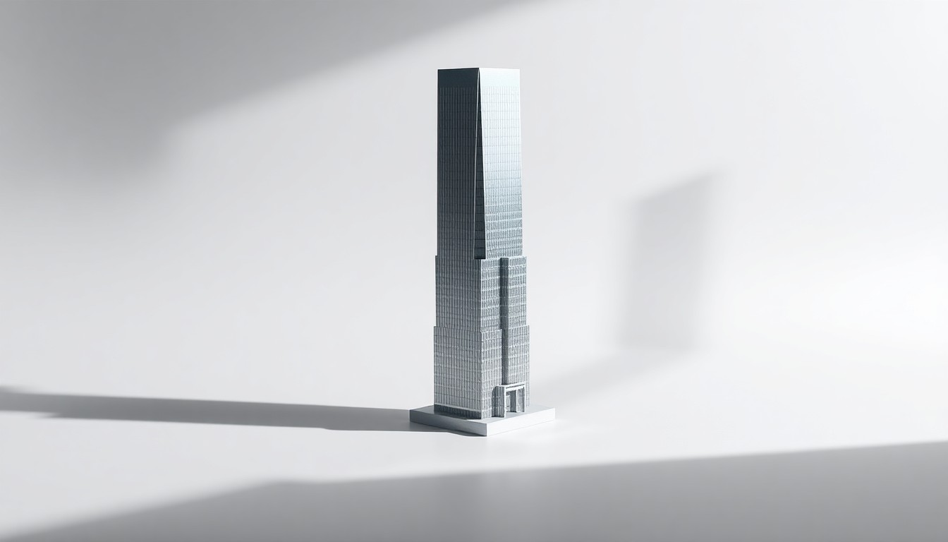 A highly detailed, photorealistic studio still-life image of a sleek, modern architectural model of a tall skyscraper made of polished metal and glass, floating on a clean, monochromatic background and dramatically lit to create sharp shadows, conceptually representing the abstract corporate strategy and legal battles behind the transfer of ownership of this iconic New York City property.