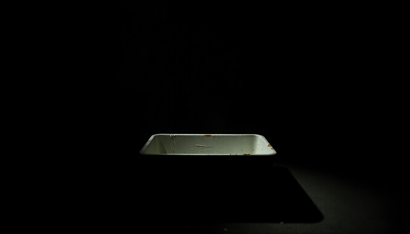 An extreme close-up photograph of a small animal trough, its rough, textured surface dramatically lit by a harsh flash, conceptually representing the dangerous environment that led to a toddler's preventable death.