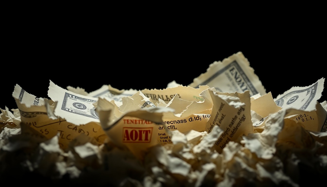 An extreme close-up of a shredded financial document with torn edges and crumpled texture, conceptually illustrating the betrayal of a financial advisor's theft from his clients.