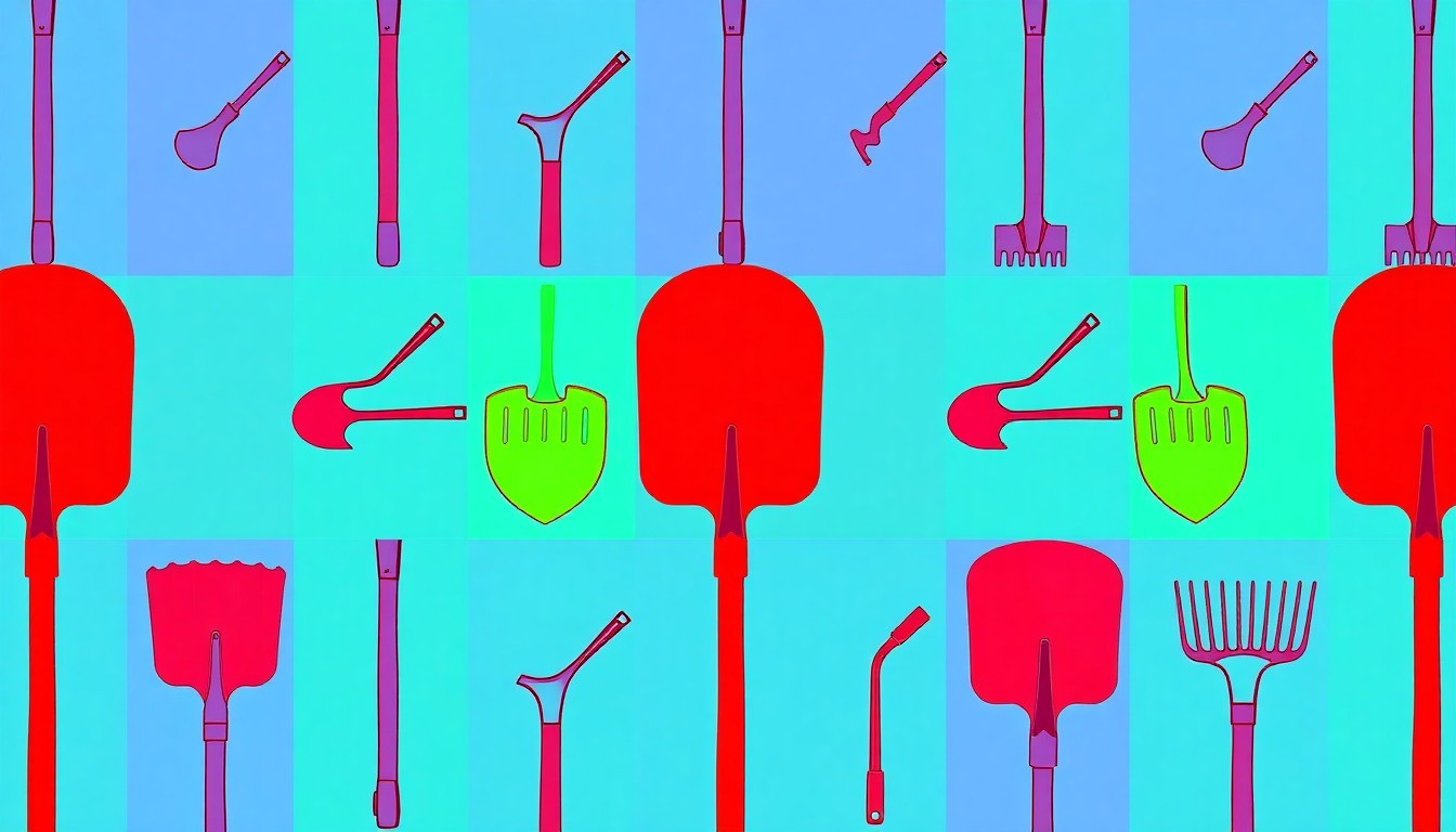 A highly stylized, pop art-inspired illustration featuring a repeating pattern of a bright orange gardening shovel against a vibrant blue background, conceptually representing the distribution of nutrient-rich compost to local residents.