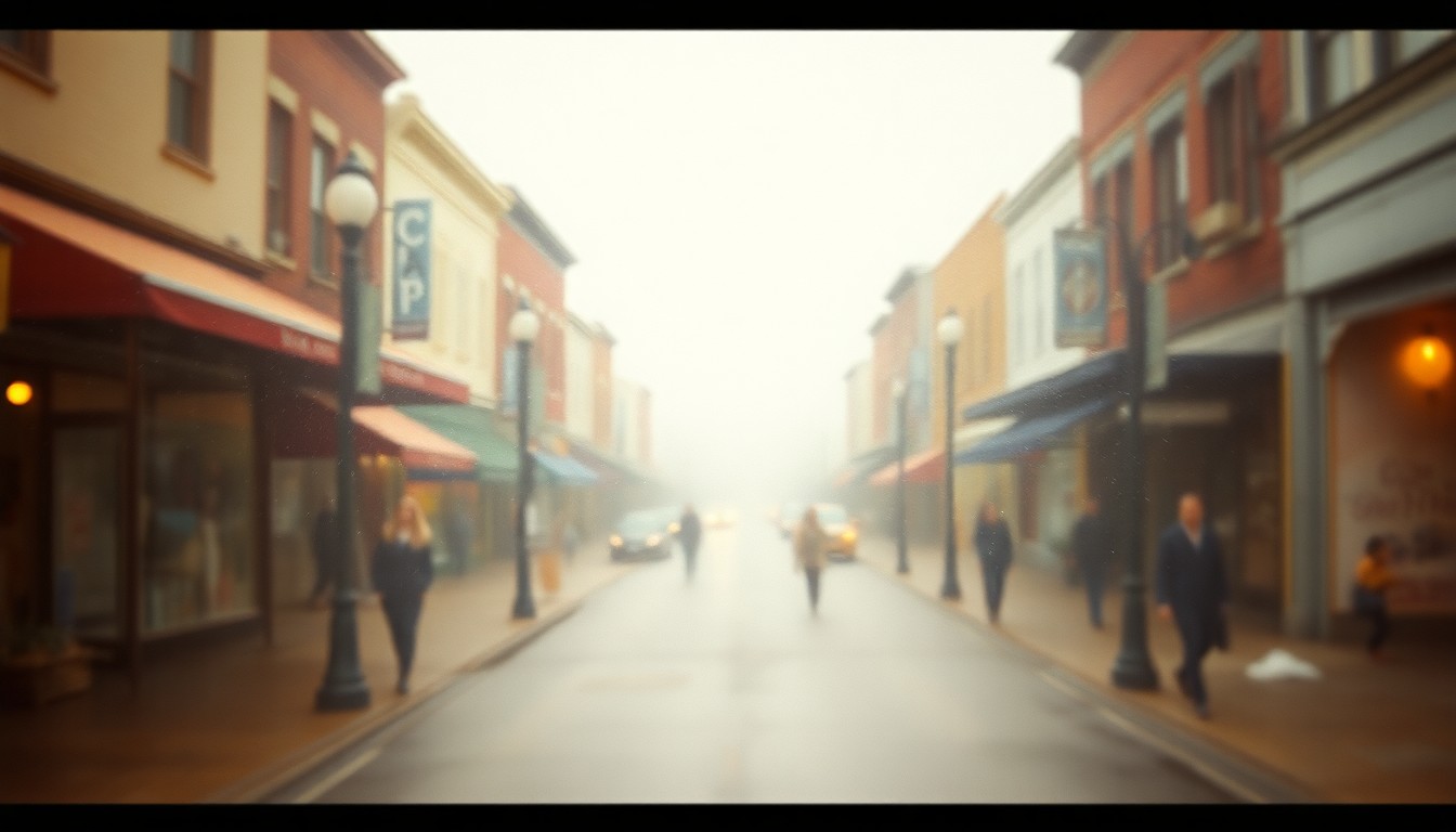 An extremely blurred, impressionistic photograph of a small-town main street scene, with muted colors and soft, hazy lighting creating an abstract, almost painterly effect that evokes the warmth and nostalgia of a bygone era.