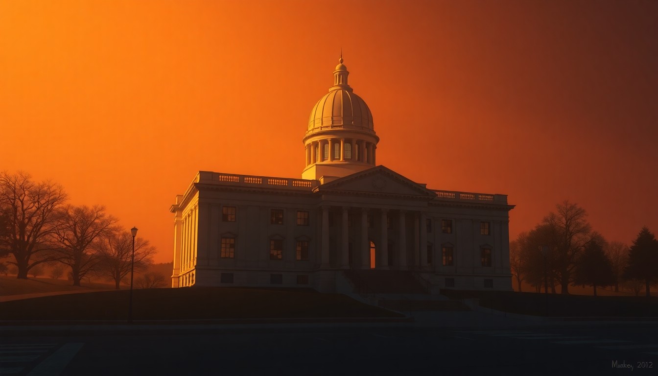 A serene, photorealistic painting of the Idaho state capitol building, its facade and dome illuminated by warm, golden sunlight casting long shadows across the scene, evoking a sense of political drama and uncertainty.