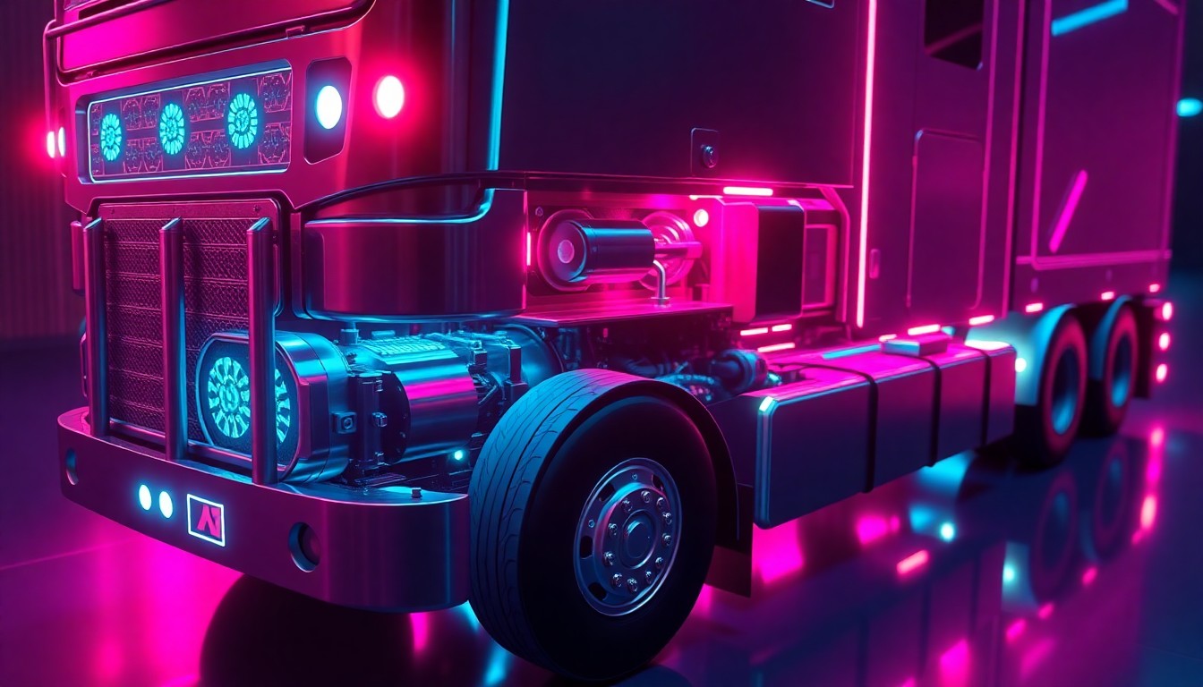 A highly detailed, glowing 3D macro illustration of the sensor array and internal components of a Kodiak autonomous truck, illuminated by neon cyan and magenta lights, conceptually representing the advanced, high-tech nature of the company's autonomous driving technology.