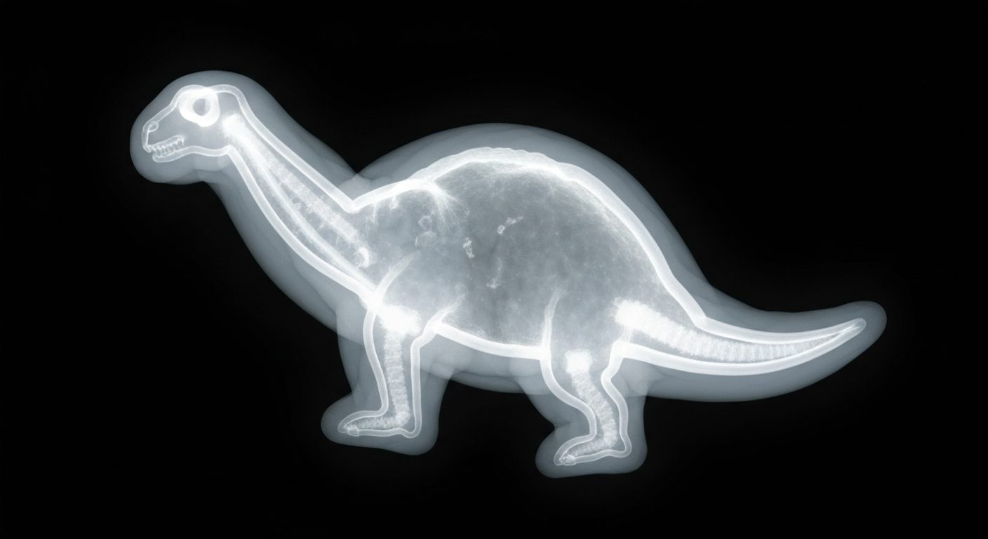 A ghostly, translucent X-ray photograph showing the internal structure of a frozen chicken nugget in the shape of a dinosaur, with glowing lines representing the presence of lead contamination.