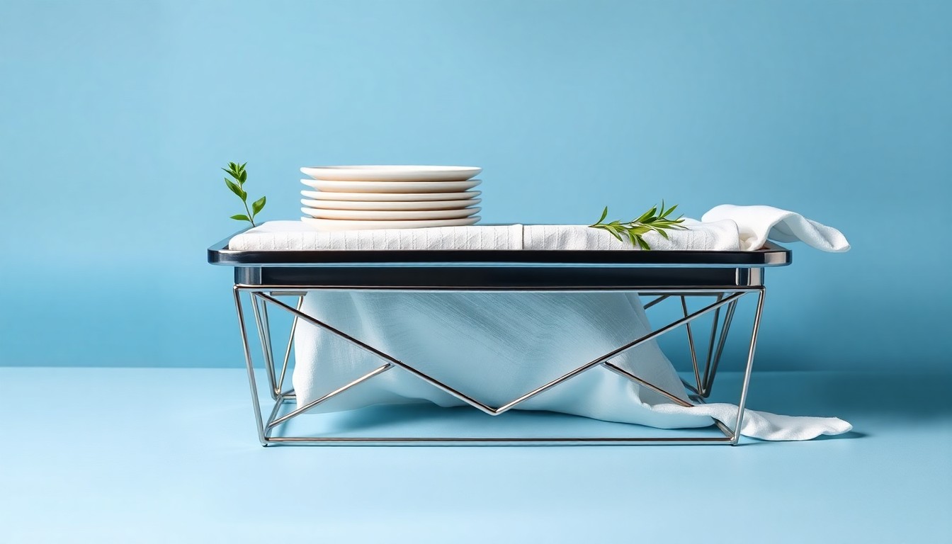 A high-end, photorealistic studio still-life photograph featuring a polished, geometric metal buffet server, a stack of pristine white plates, and fresh greenery, all arranged elegantly on a solid pale blue background with dramatic lighting and deep shadows, conceptually representing the premium dining experience the new restaurant plans to offer.