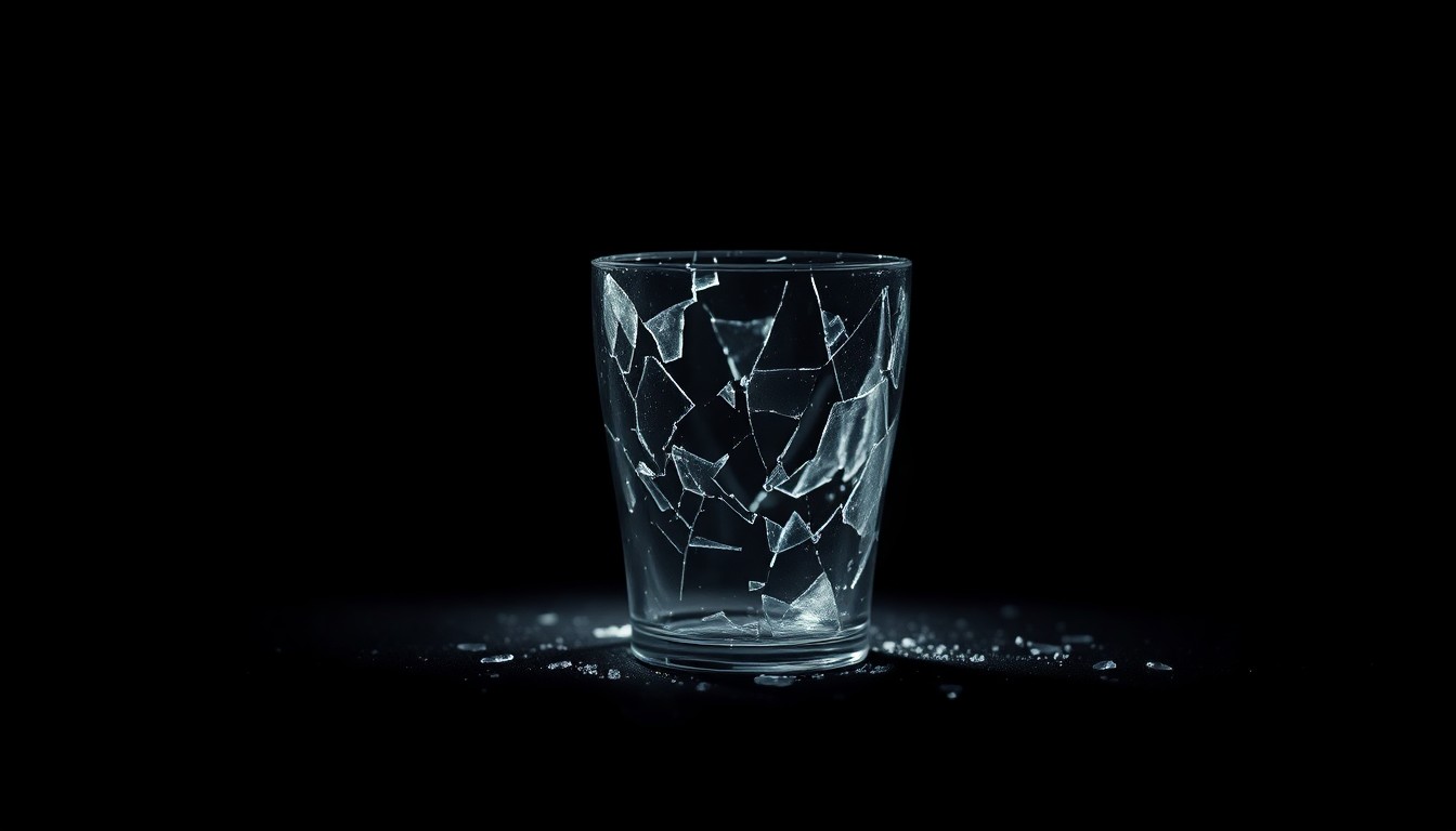 An extreme close-up photograph of a shattered glass tumbler against a pitch-black background, lit by a harsh, direct camera flash, creating a stark, gritty aesthetic that conceptually represents the violent crime scene.