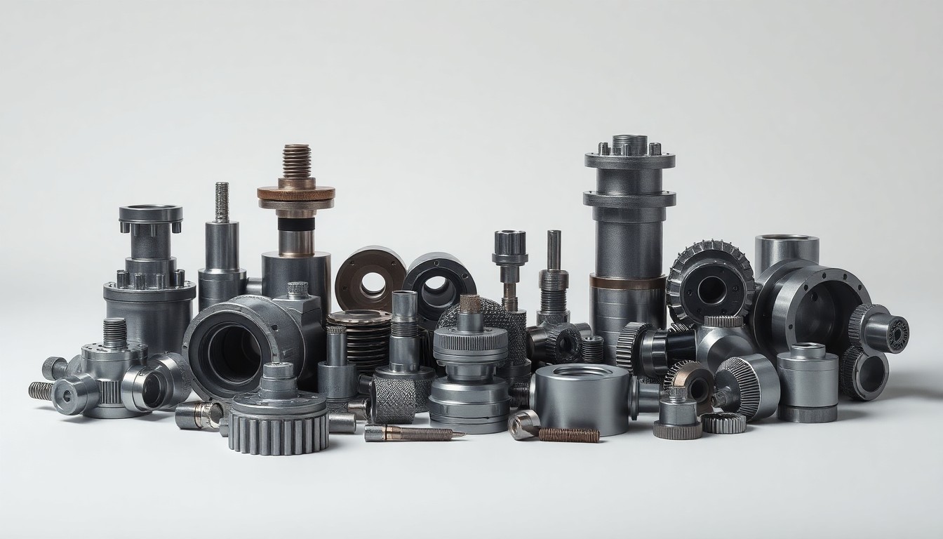 A photorealistic studio still life featuring a collection of precision industrial machine parts and components in muted metallic tones, arranged elegantly on a clean, monochromatic background, conceptually representing the abstract concepts of manufacturing, industry, and economic transition.