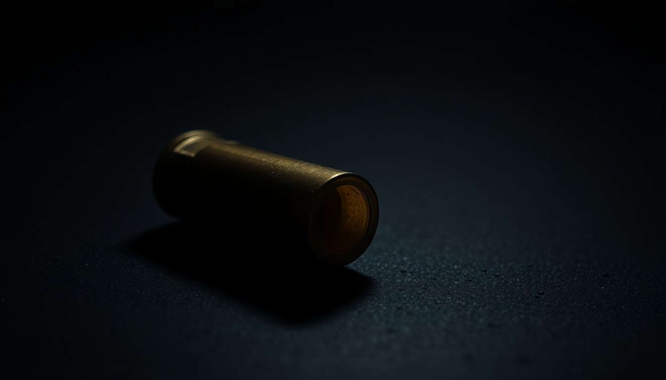 An extreme close-up photograph of a single spent shell casing on a dark, textured surface, lit by a harsh, direct camera flash, conceptually representing the evidence gathered in a violent crime investigation.