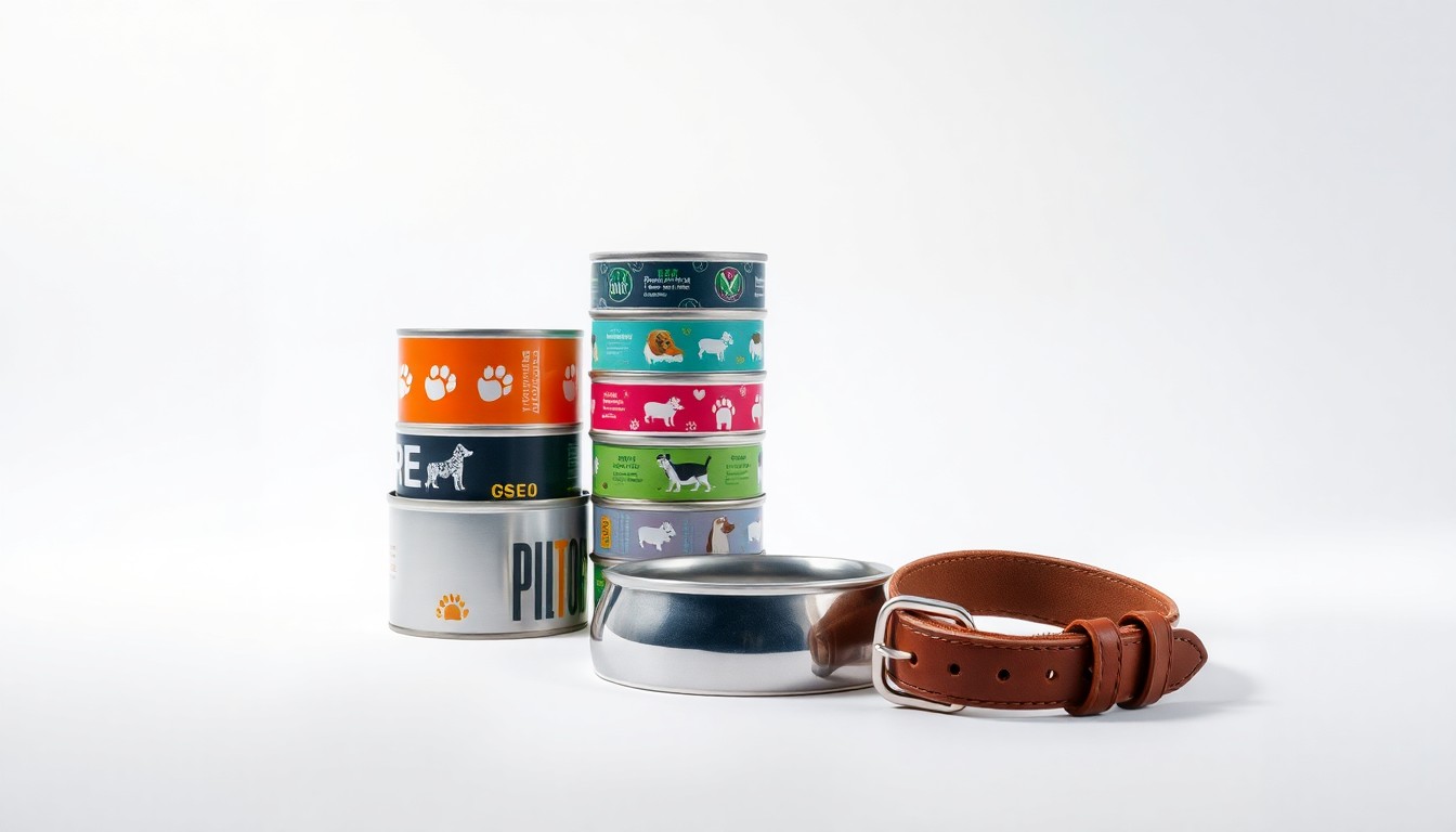 A high-end, photorealistic studio still-life photograph featuring a stack of colorful pet food cans, a metal dog bowl, and a leather pet collar arranged elegantly on a clean, white seamless background, conceptually representing the financial services and tools Petwealth offers to pet owners.
