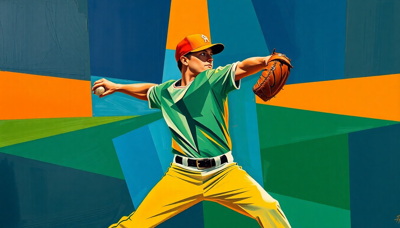 A fragmented, cubist-style painting depicting a baseball pitcher's throwing motion broken down into sharp, overlapping geometric shapes in shades of blue, green, and orange, conveying the concept of an injury disrupting a player's performance.