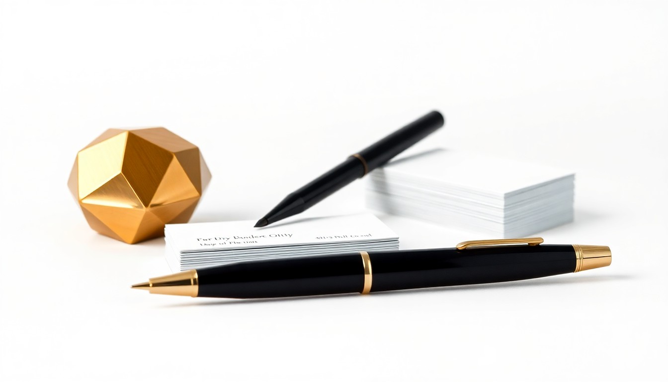 A minimalist studio still life photograph featuring a polished brass paperweight, a sleek black fountain pen, and a stack of crisp white business cards, conceptually representing the appointment of a new leader in the venture capital industry.