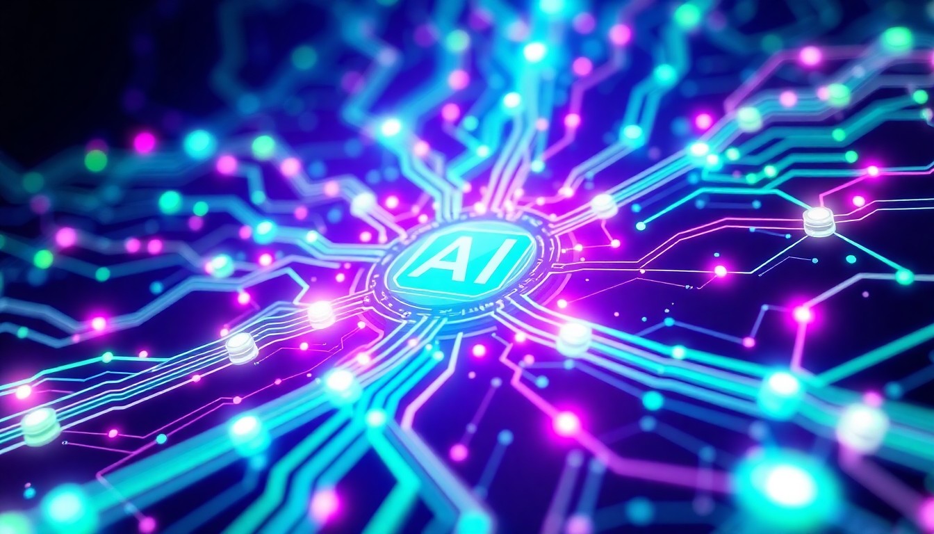 A highly detailed, luminous 3D illustration featuring a complex network of glowing circuits, data flows, and geometric shapes in shades of neon blue, green, and purple, conceptually representing the intersection of artificial intelligence, climate technology, and innovation.