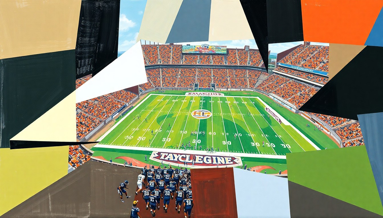 A cubist-style painting depicting a fragmented, geometric representation of a college football game, with players, field, and stadium elements broken down into sharp, overlapping planes of color and form.
