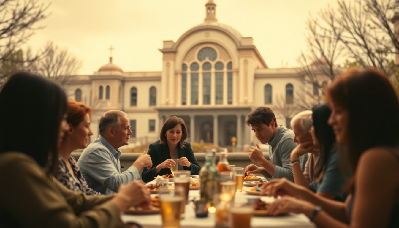 An abstract, out-of-focus photograph in soft, warm tones depicting a group of people sharing a meal together, with the Randall Museum's architecture visible in the background, conceptually representing the communal spirit of the Empty Bowls fundraiser.