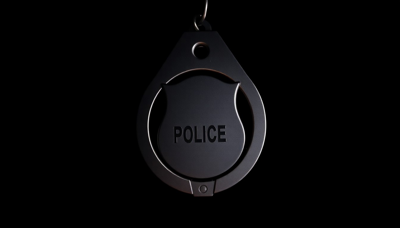 An extreme close-up photograph of a police badge or handcuff against a pitch-black background, lit by a harsh, direct camera flash, conceptually representing the investigation into a violent crime.