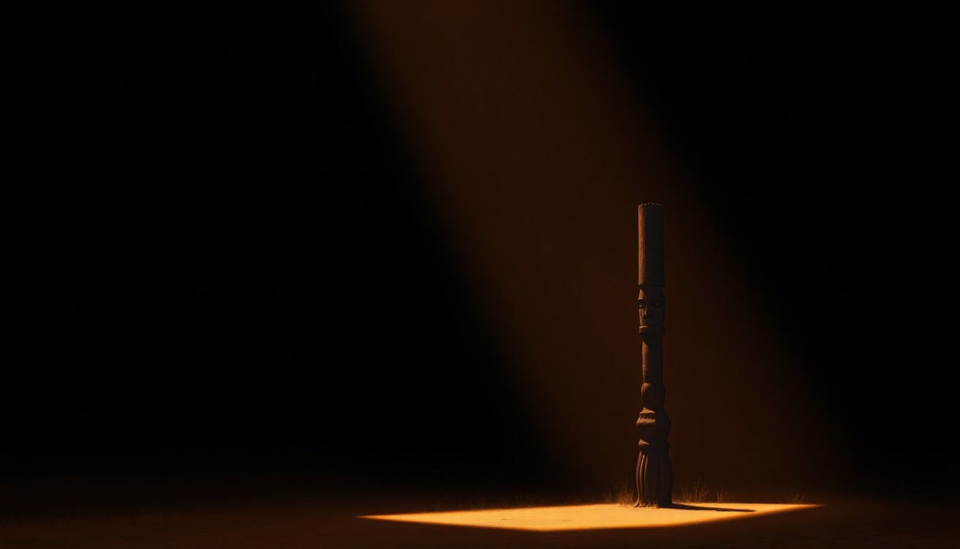 A cinematic painting of a solitary Native American totem pole standing in a quiet, sunlit urban setting, conceptually representing the nuanced issues of tribal land rights and local governance.