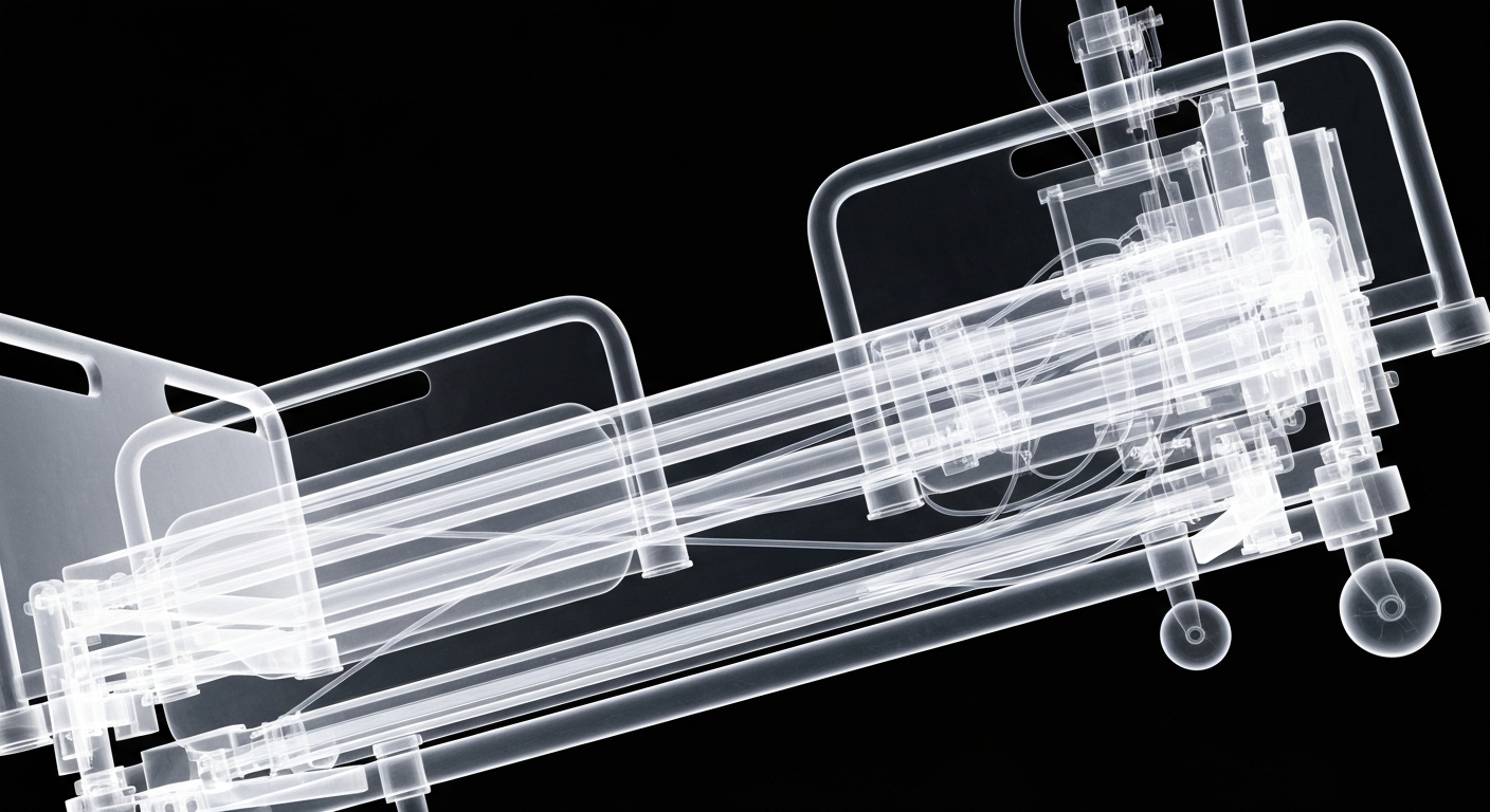 An extreme close-up of the translucent, glowing internal structure of a hospital bed frame or medical equipment, conceptually illustrating the fragile state of Hennepin County Medical Center's vital role in the state's health care system.
