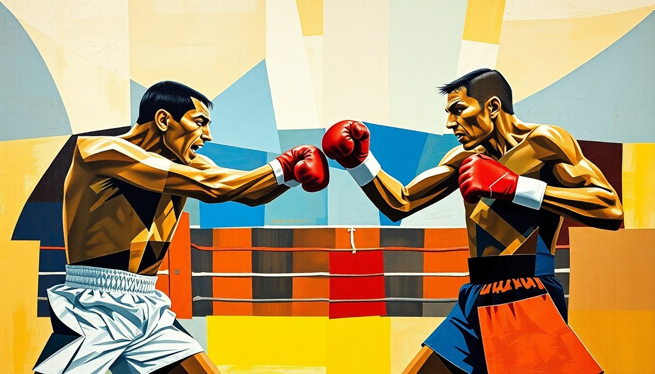 A fragmented, geometric painting in the style of Pablo Picasso, depicting the abstract forms and planes of two boxers engaged in a match, conveying the dynamic movement and power of the sport.