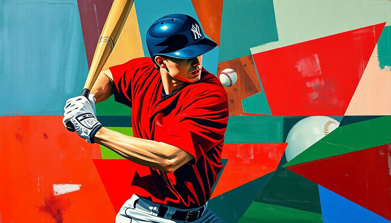 A cubist, geometric painting depicting a baseball player being struck by a pitch, with sharp planes of red, blue, and green representing the violent impact.
