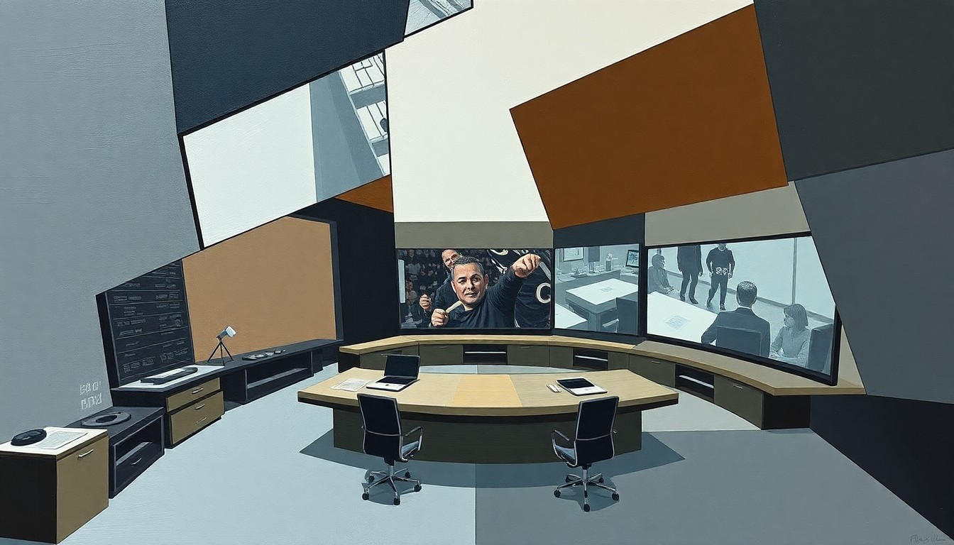 A cubist-style painting depicting a fragmented, geometric view of a sports broadcast studio, with overlapping planes of muted greys, blues, and browns, conveying the turbulent transition of traditional media to the streaming era.