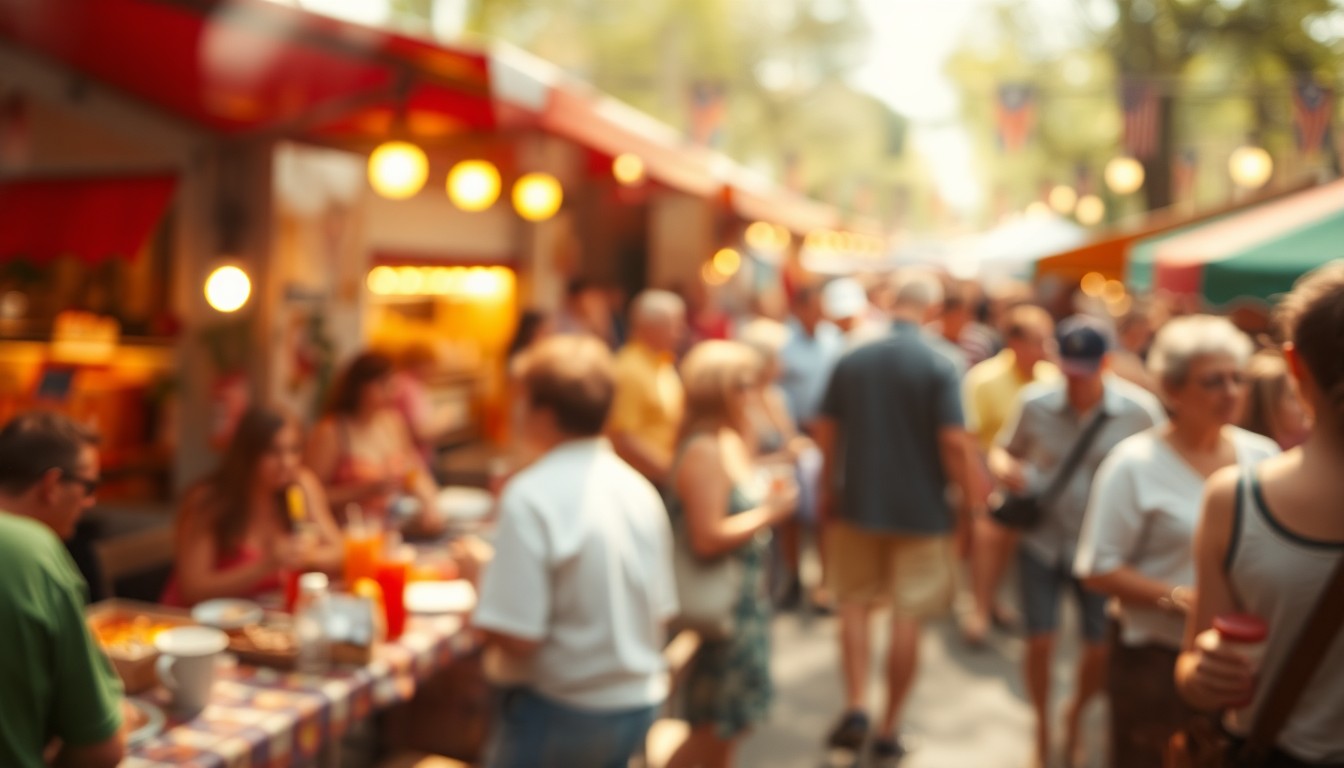 An abstract, out-of-focus scene of an outdoor festival with people, food, and drinks, captured in soft, warm pools of light and color.
