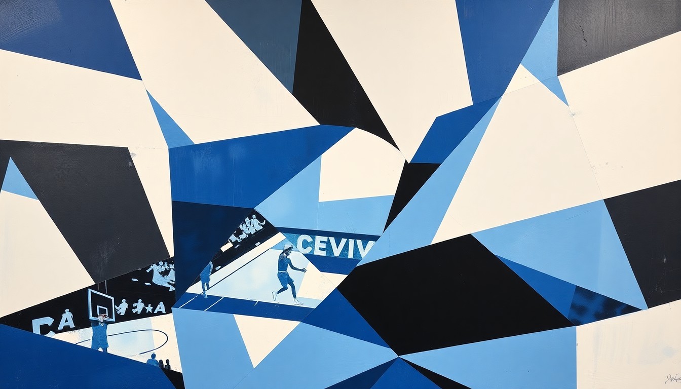 A fractured, multi-perspective painting depicting a basketball game broken down into sharp, overlapping geometric planes in shades of blue, white, and black, conveying the conceptual idea of a new era for the UNC basketball program.